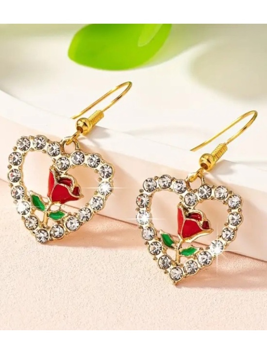 Jewelry - Red Rose & Diamond Heart Gold Toned Earrings